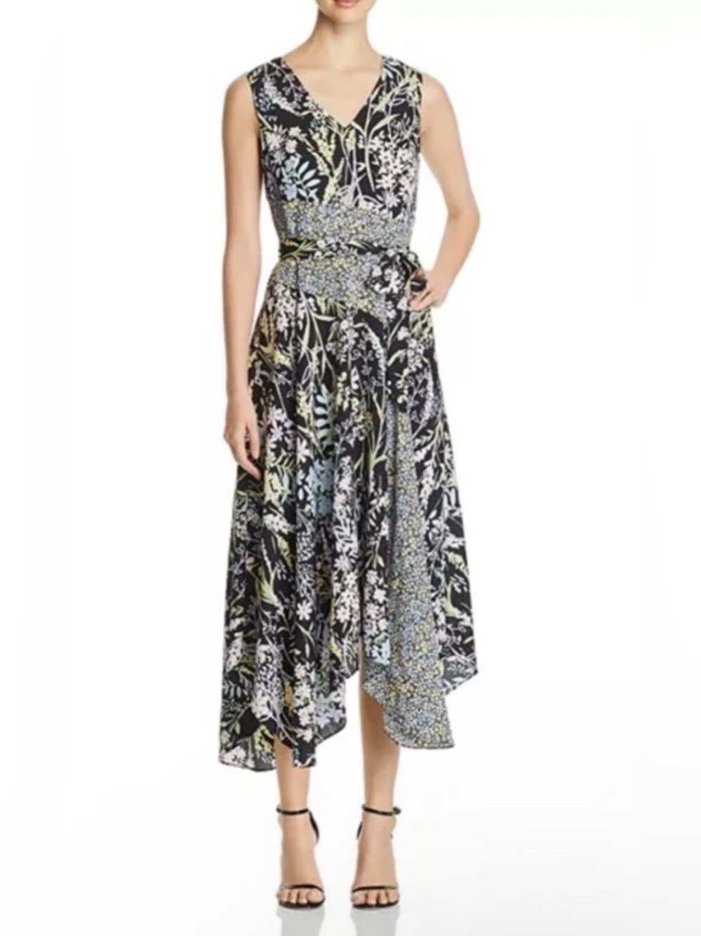 Calvin Klein Women’s Sz 18W Floral Asymmetrical Midi Dress Patchwork Whimsical